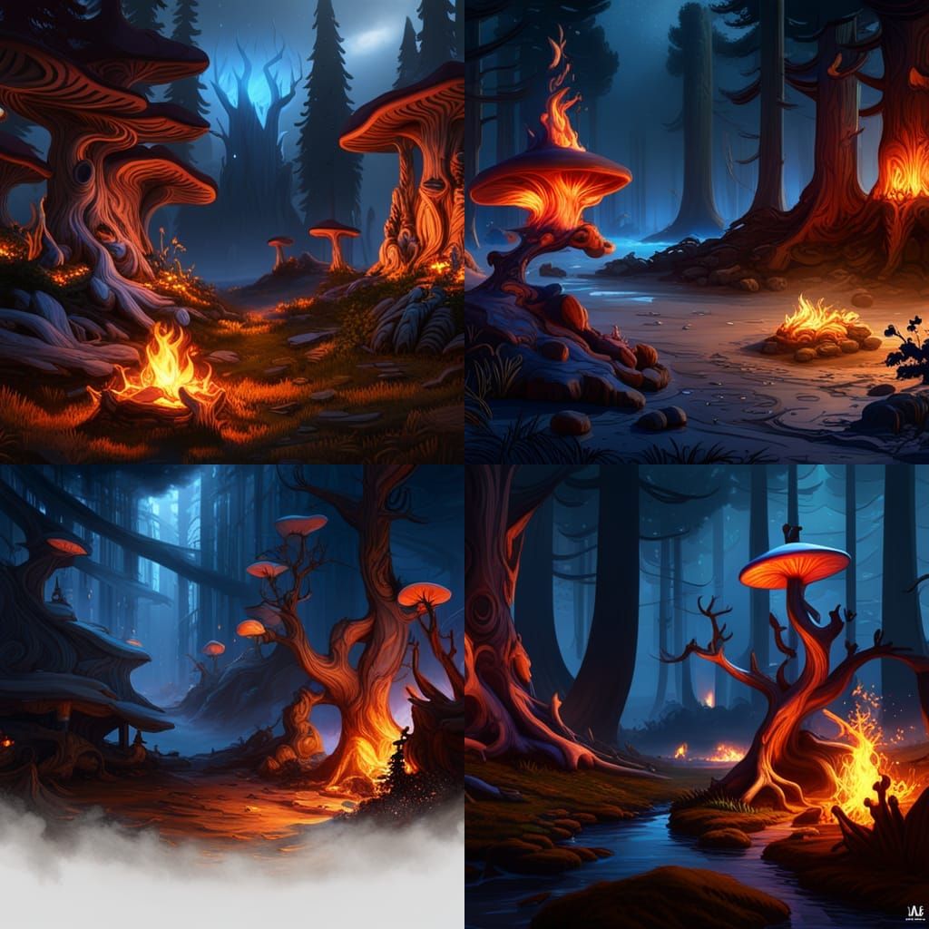 Fantastical Blue and Orange Mushroom Forest Fire