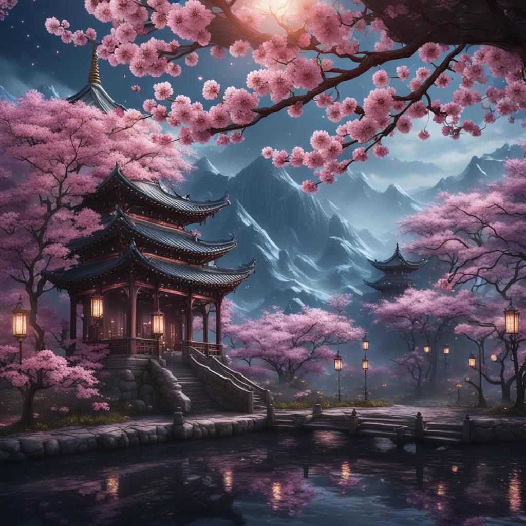 Fantastical Cherry Blossoms in Detailed Matte Painting