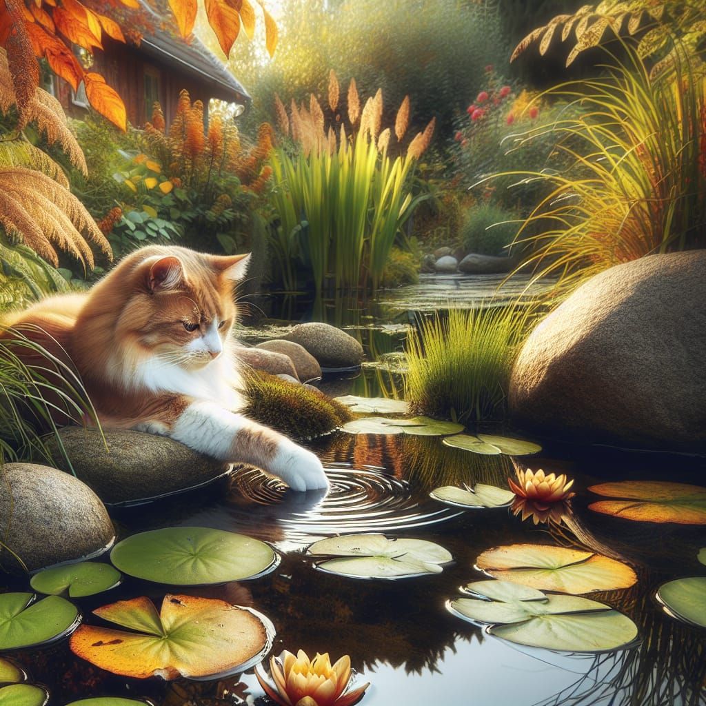 Ginger Cat and Autumn Pond Serenity