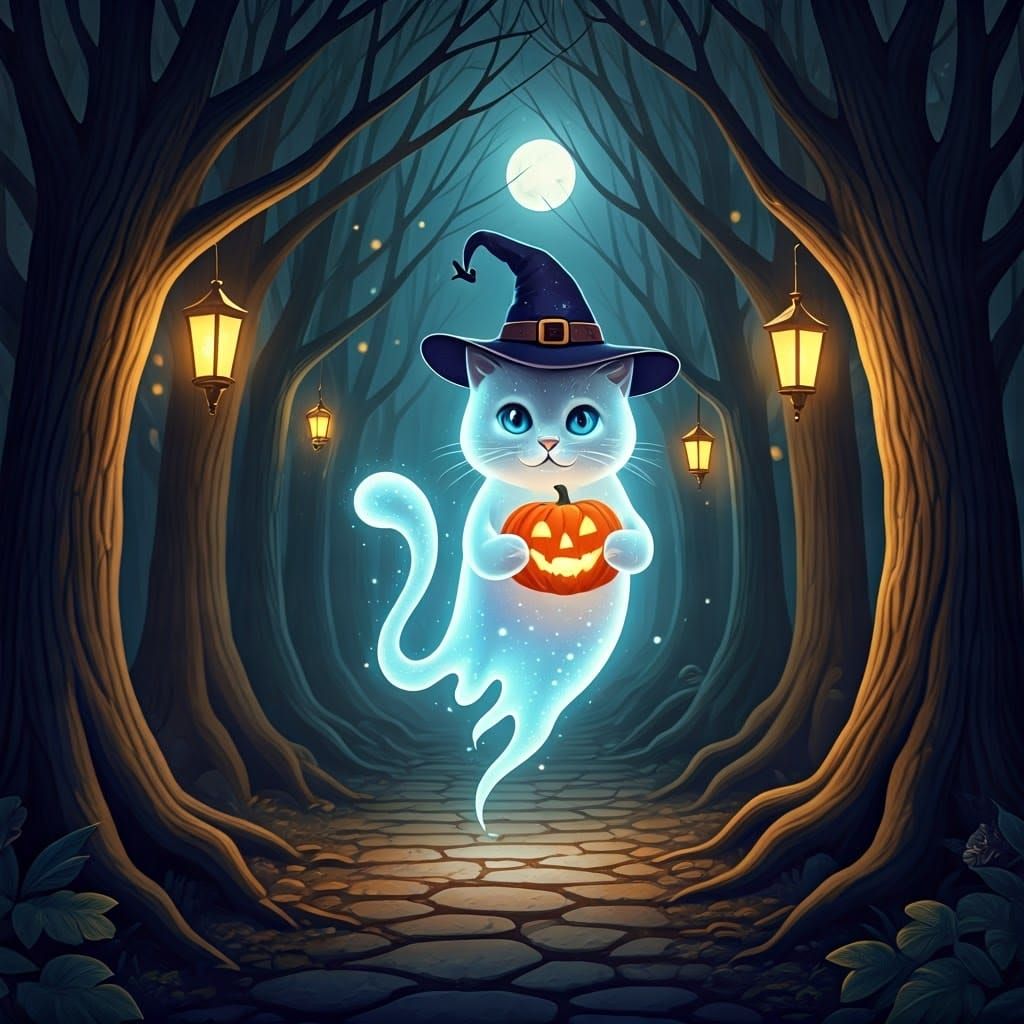 Ghost Cat Leads Halloween Parade in Misty Forest