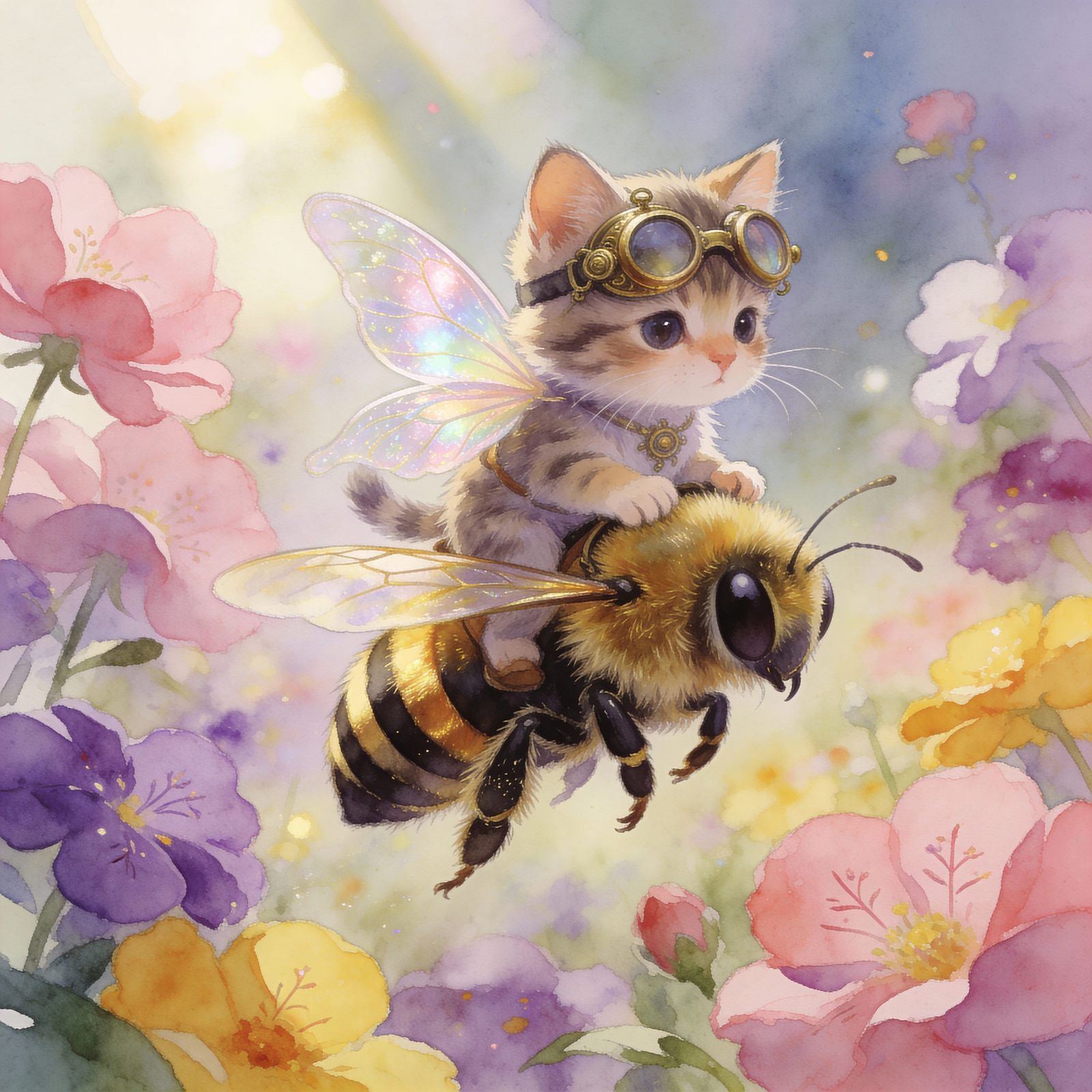 Kitten on Bumblebee in Magical Flower Meadow