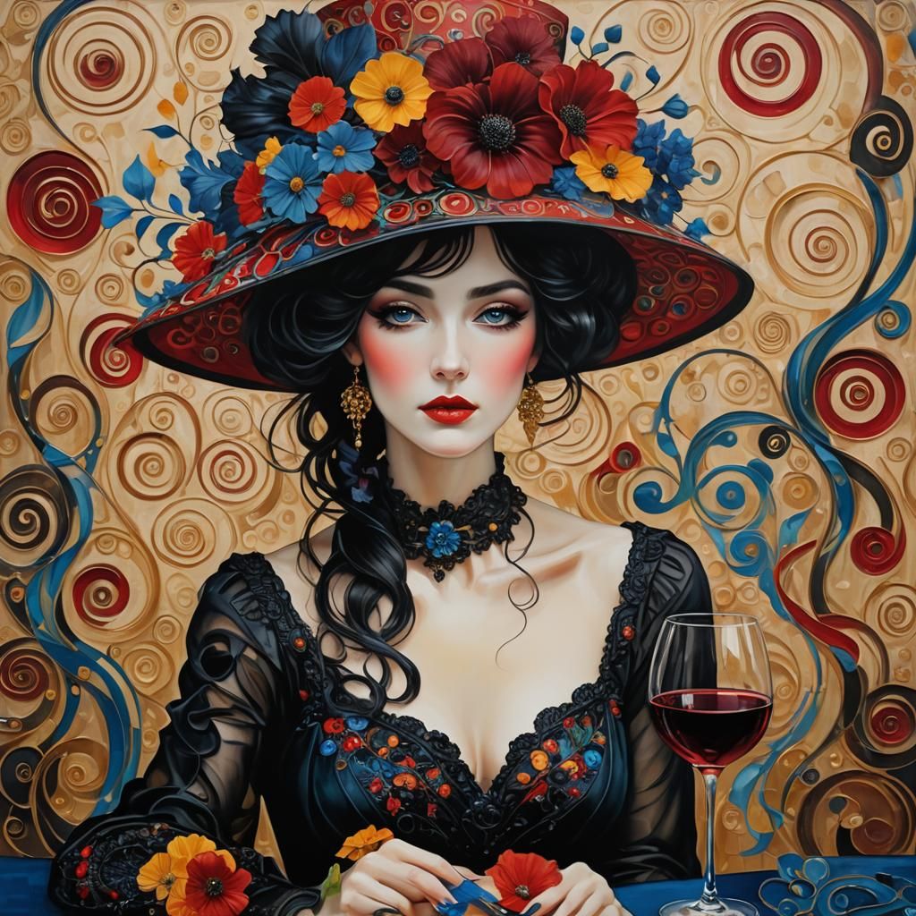 Elegant Woman with Wine in Klimt-Inspired Digital Art