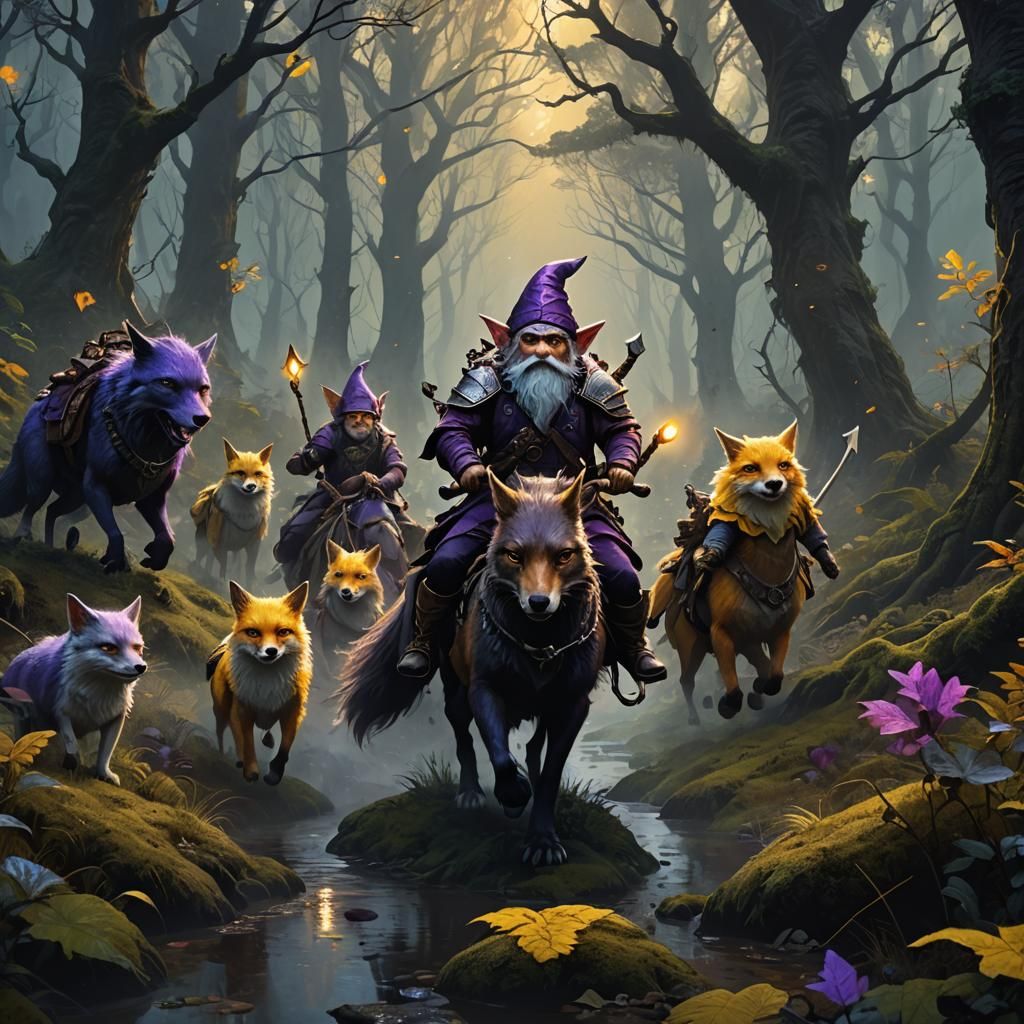 Gnome Warriors on Foxes in Misty Forest