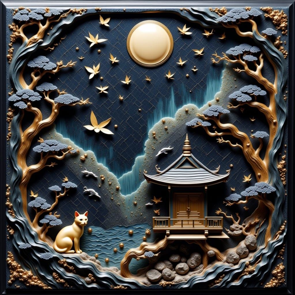 Eerie Nighttime Scene of Cat on Pagoda Roof in Asian-Inspire...