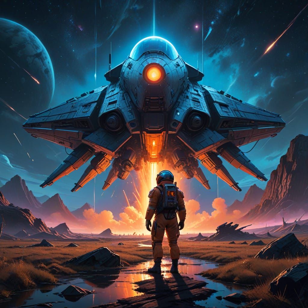 Heroic Astronaut at Edge of Ancient Spaceship