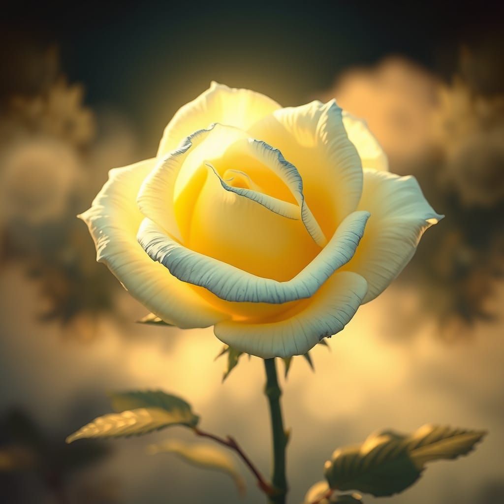 Pale Yellow Rose with Blue Trimming in Fantasy Landscape