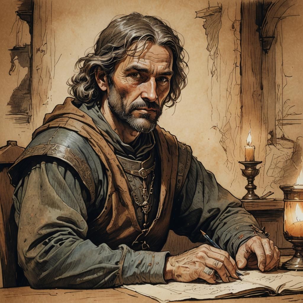 Medieval Man's Portrait in Colored Pencil Sketch