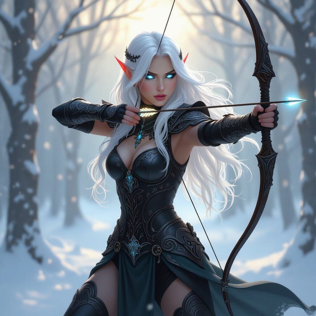 Dark Elf Huntress in Snowy Forest