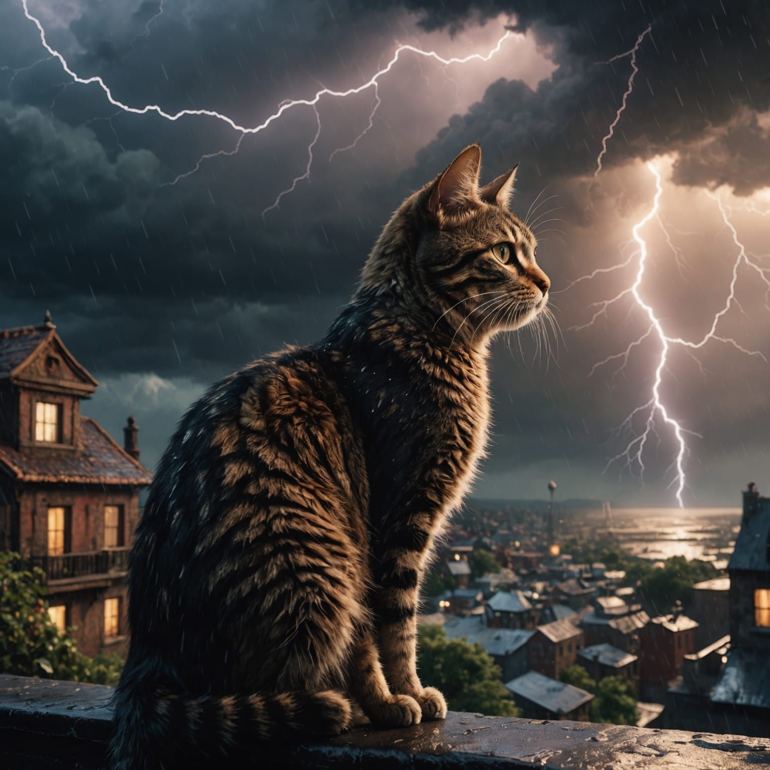 Cat Watching a Thunderstorm in Detailed Matte Painting