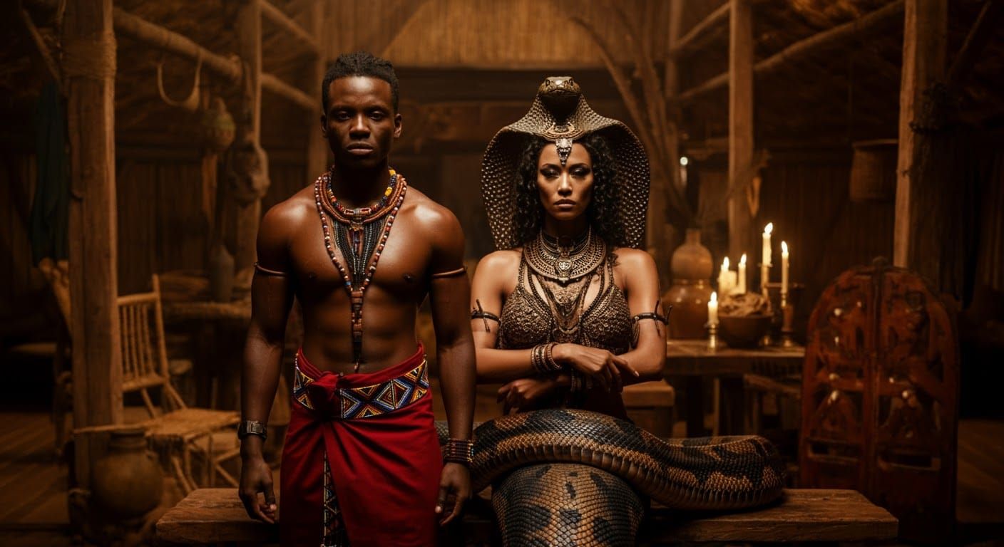 African Warrior and Serpent Queen in Candlelight