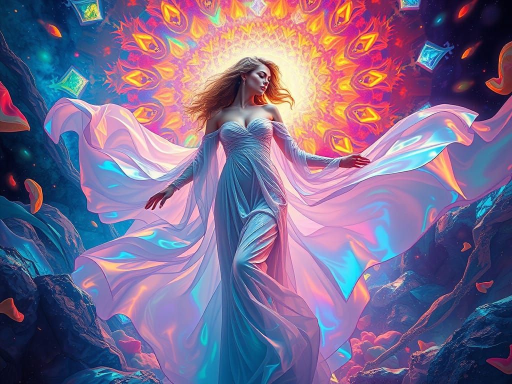 Ethereal Woman Radiates Dreamlike Elegance in Kaleidoscopic...