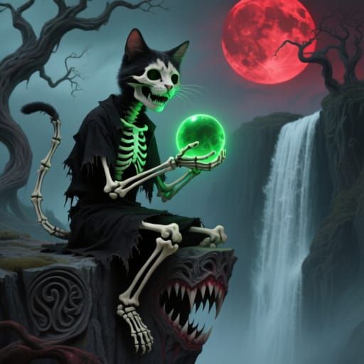 Skeletal Cat With Glowing Orb on Carved Cliff