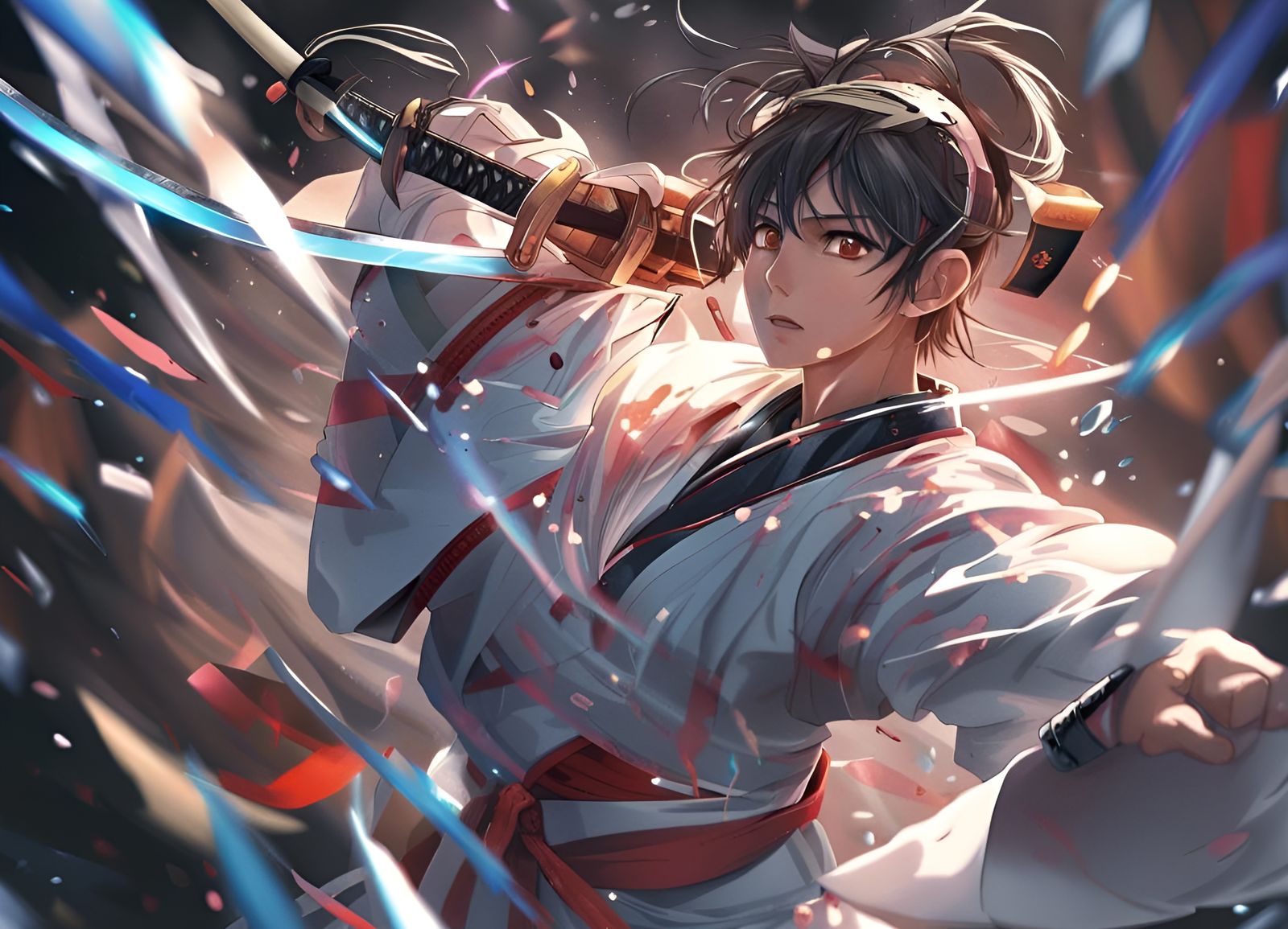 Japanese art of anime, storytelling, mastery of sword making Hyperrealistic, splash art, concept art, mid shot, intricat...