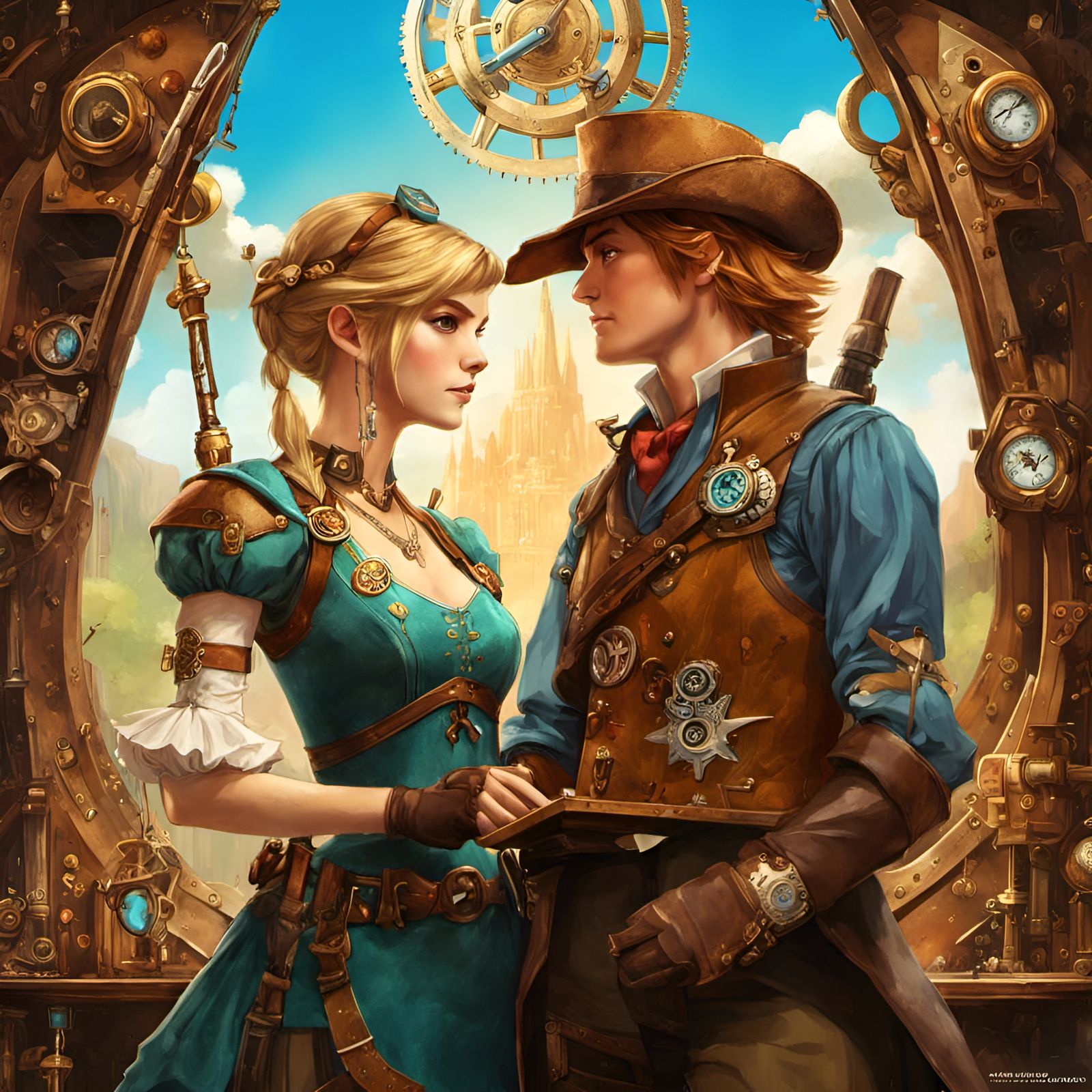 Steampunk Link and Zelda Portrait, Digital Illustration