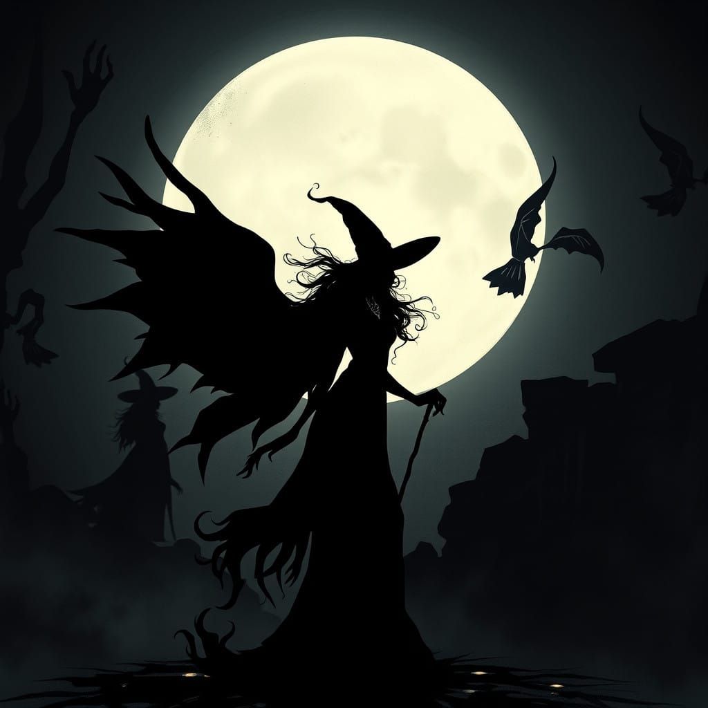 Ethereal Shadow Witch in Dramatic Monochrome