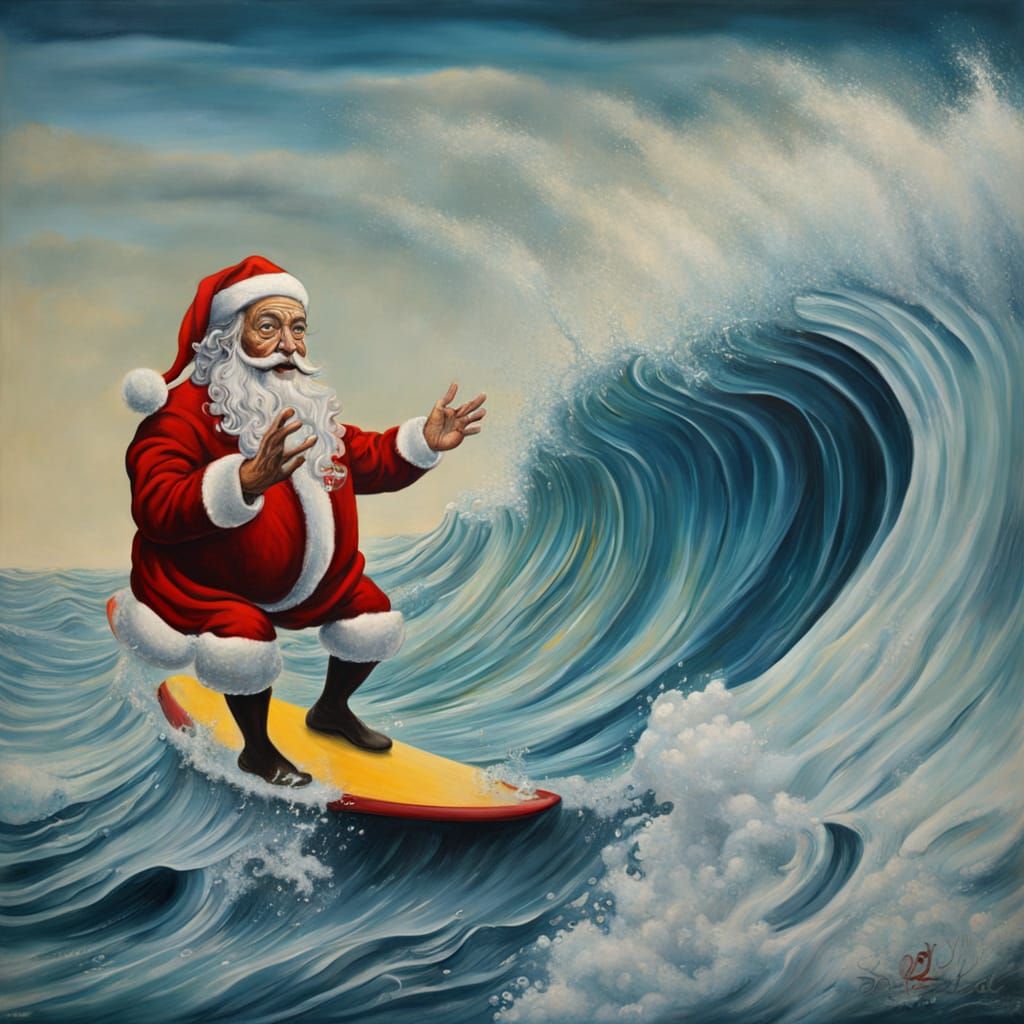 Santa Claus Riding Surreal Waves