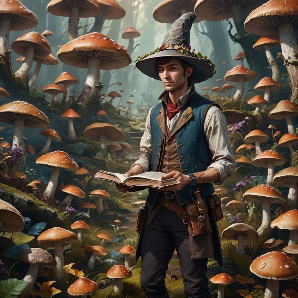 Young Man with Conical Hat in Mushroom Forest