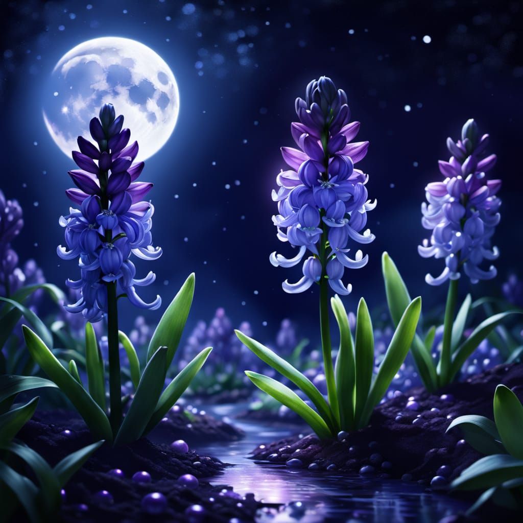 Purple Hyacinth Blooms Under Ethereal Moonlight