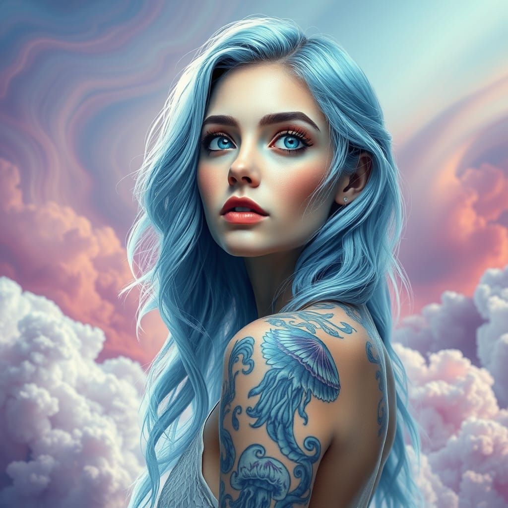 Mystical Woman in Ethereal Dreamscape with Pastel Hair and J...