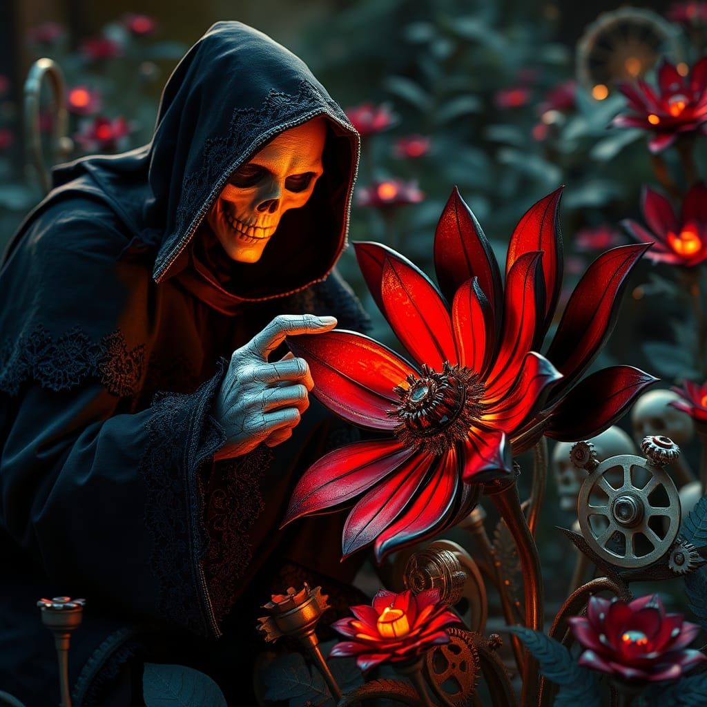 Grim Reaper Observes Mechanical Flower in Steampunk Garden