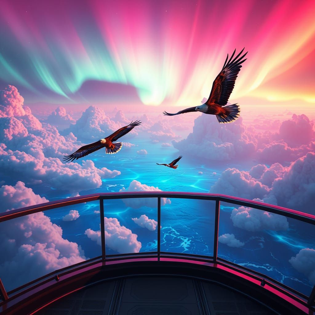 Cosmic Eagles Soar Above Electric Ocean in Neon Blue Haze