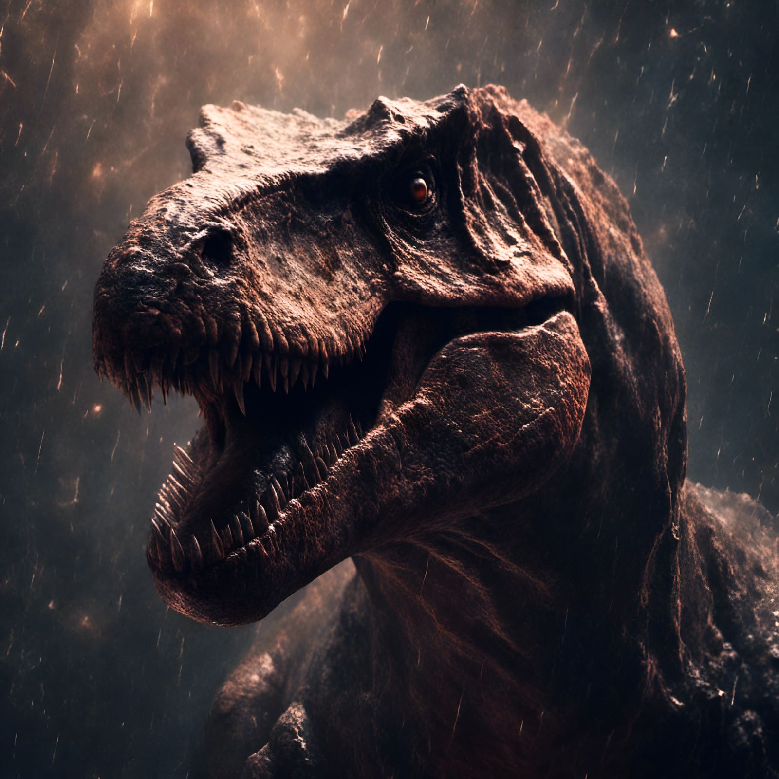 Realistic T-Rex Macro Shot with Fairy Dust Glow