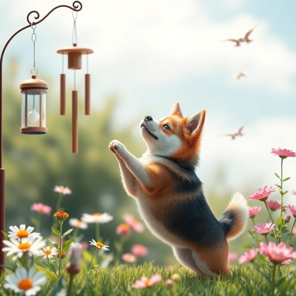 Chibi Dog in Vibrant Garden, Jumping to Wind Chimes