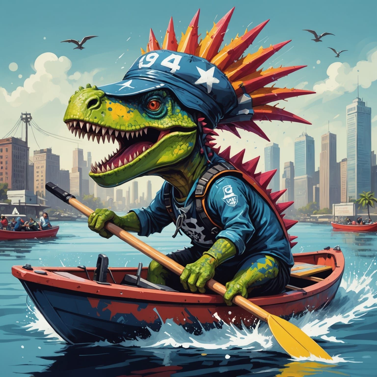 Punk Rock Dinosaur Races in Graffiti Art Style