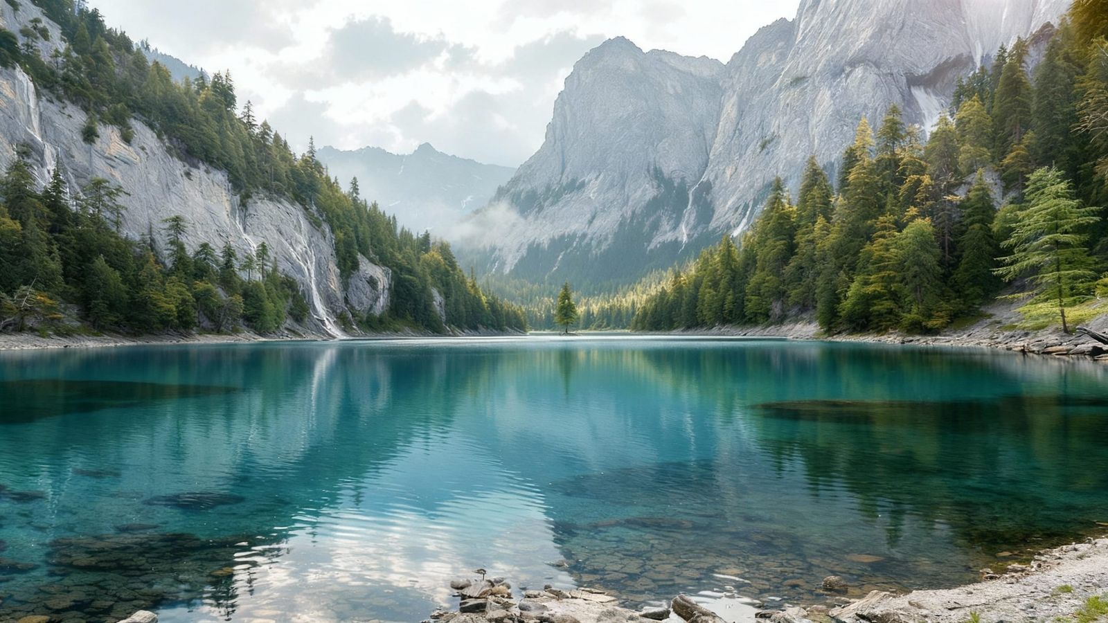 Golden Hour Alpine Lake with Waterfalls and Bonsai Trees