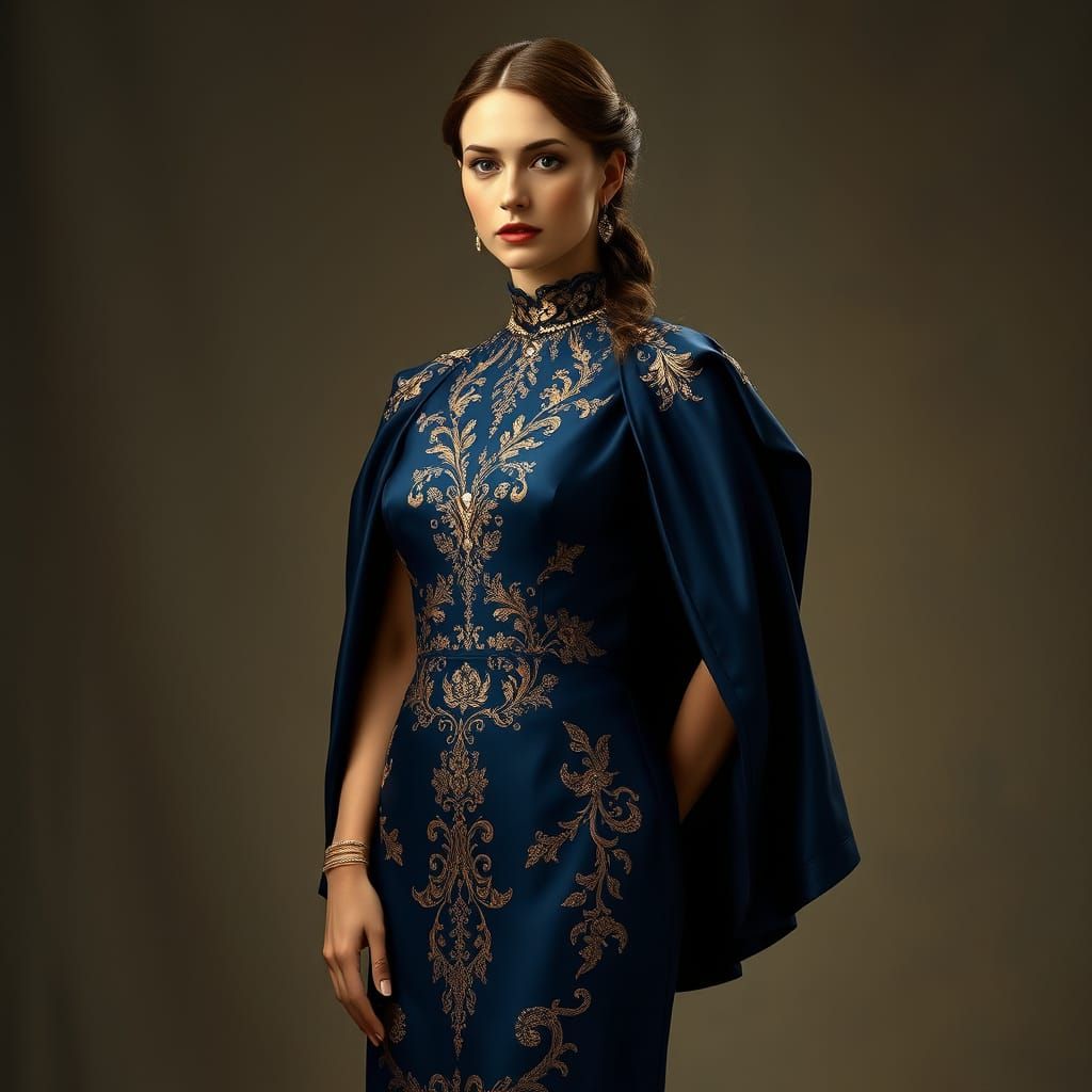 Regal Woman in Luxurious Navy Silk Gown with Rose Gold Accen...