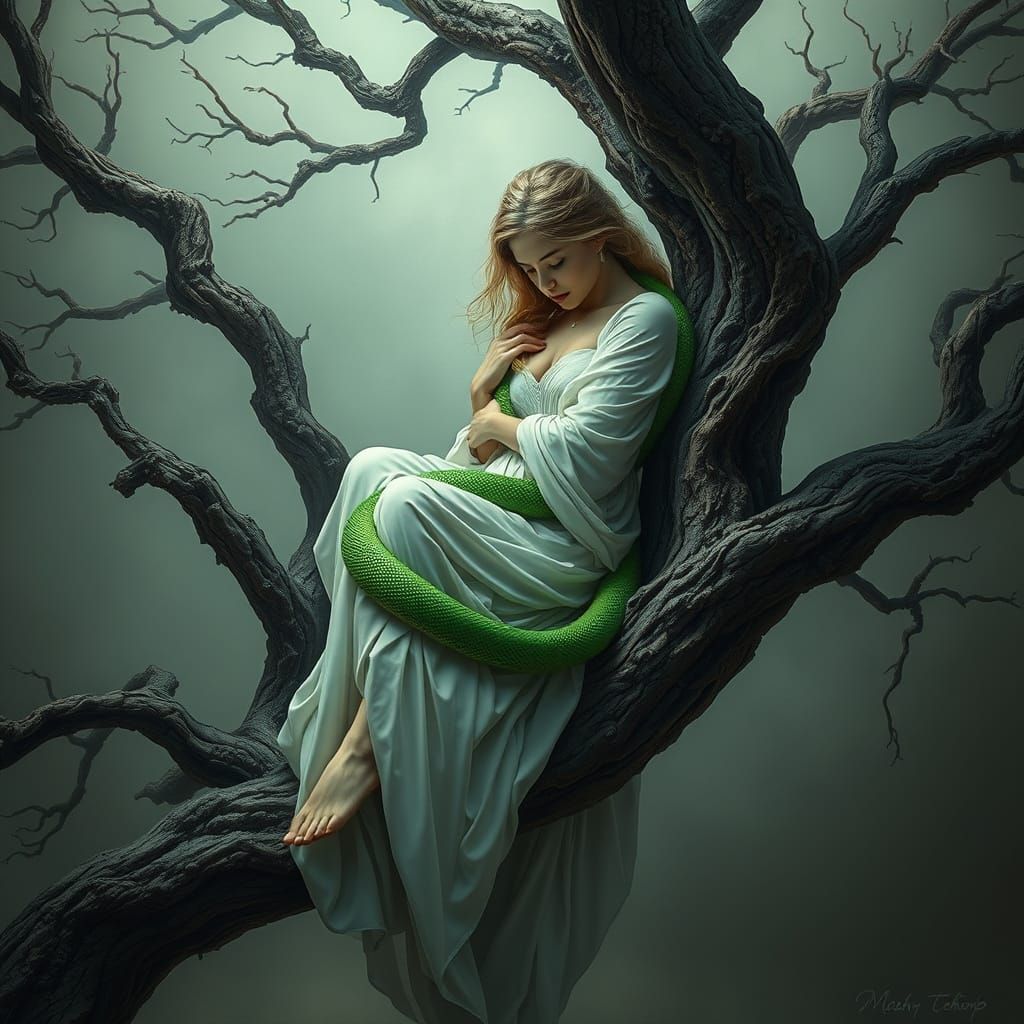 Woman Coiled by Snake in Surreal Digital Art
