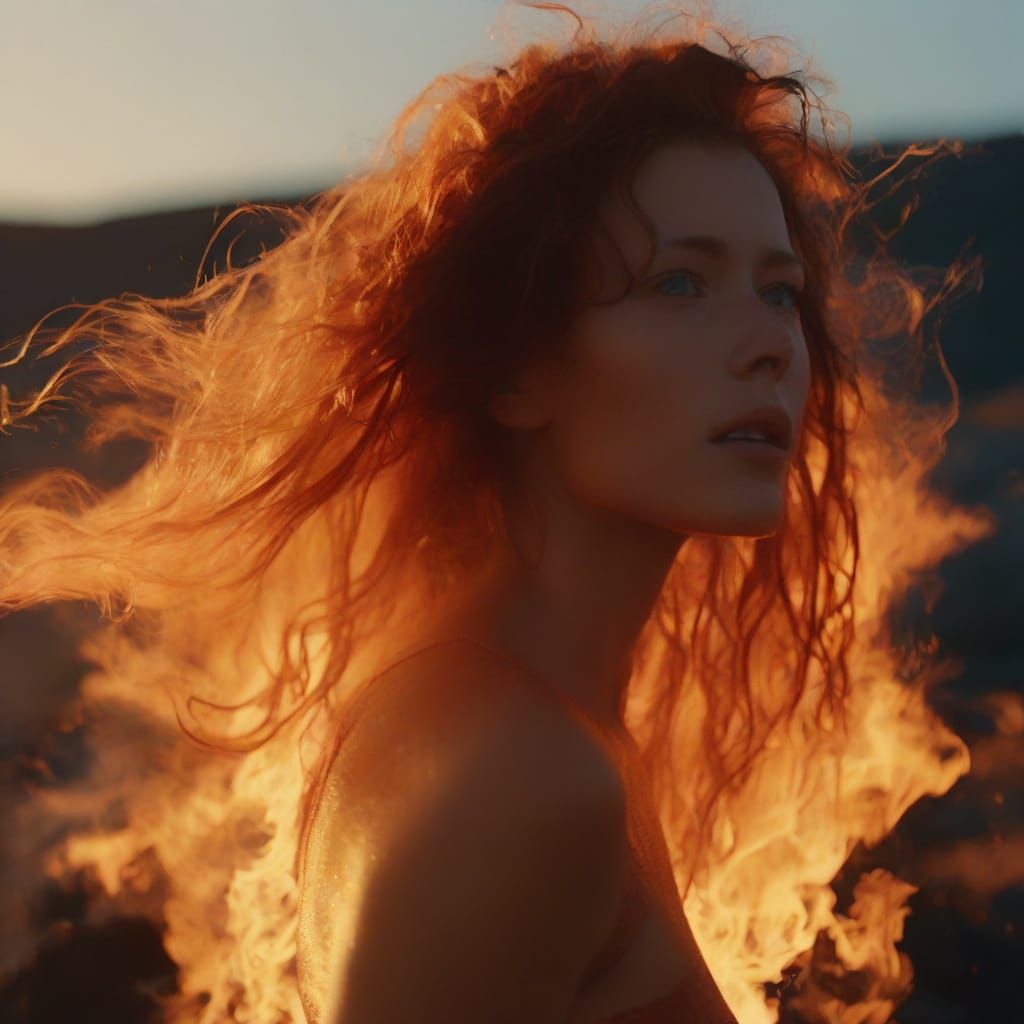 Female Fire Elemental Hovering Over Volcano: Cinematic Still