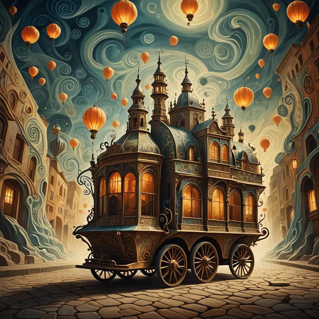 Surreal Creature on Wheels in Dreamlike Landscape