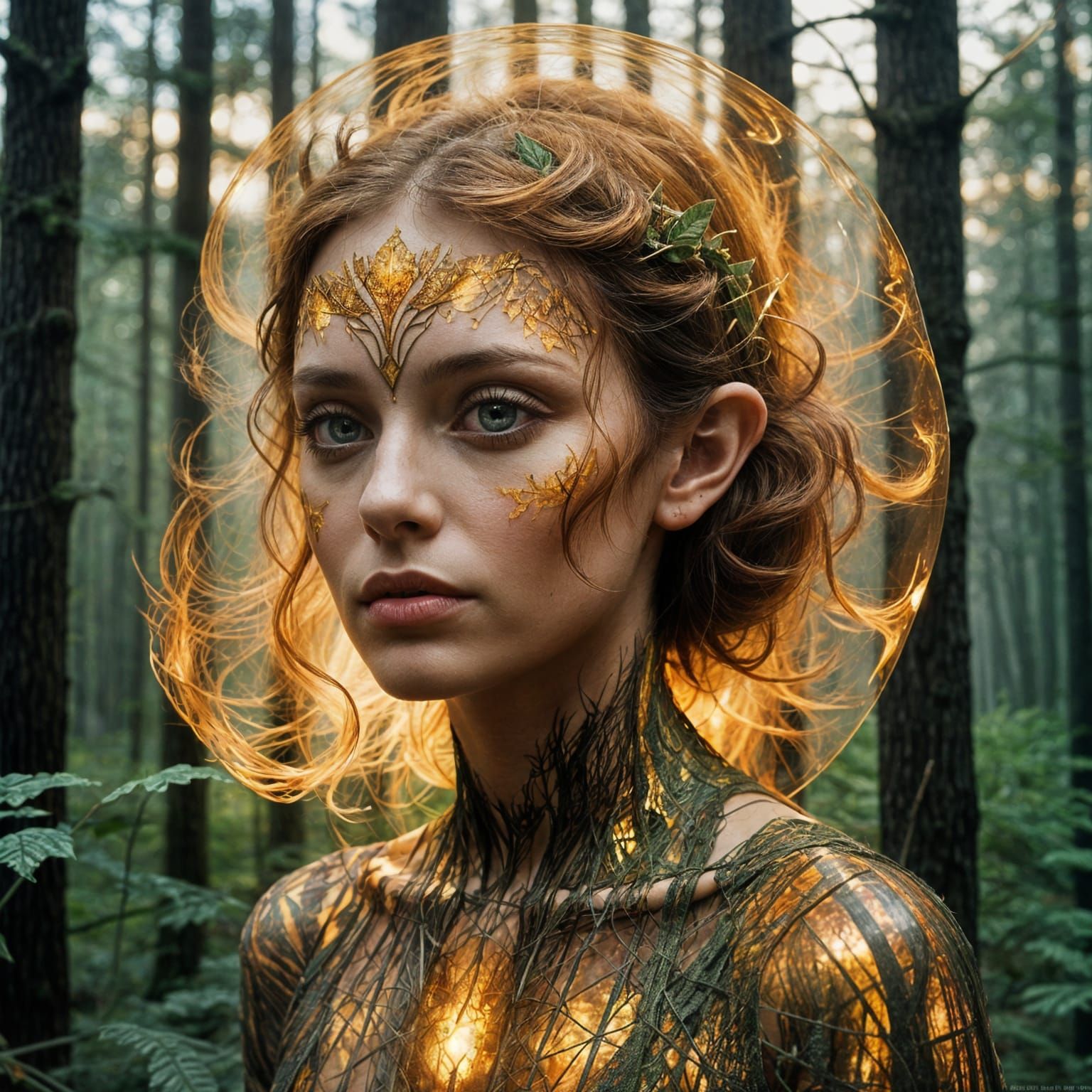 Surreal Forest Sunset Portrait in Vintage Op Art Style