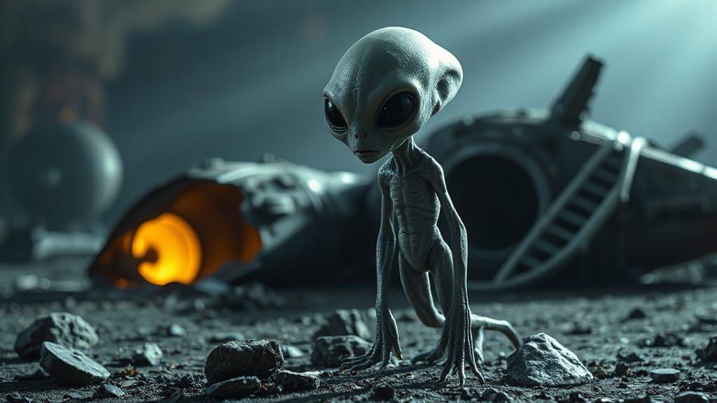 Grey Alien Beside Crashed Spaceship in Sci-Fi Art