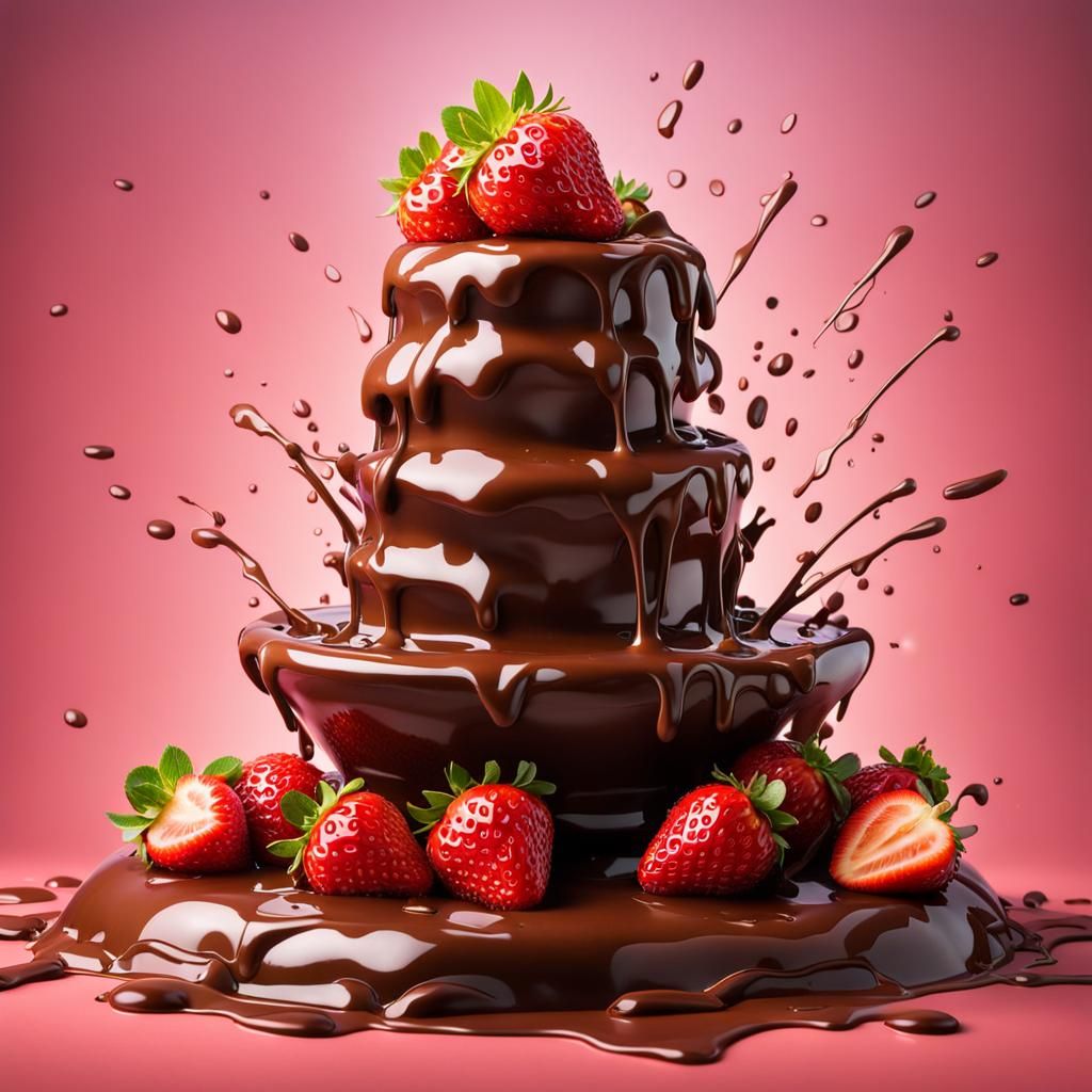 Delicious Chocolate Fountain with Strawberries: Hyperrealist...
