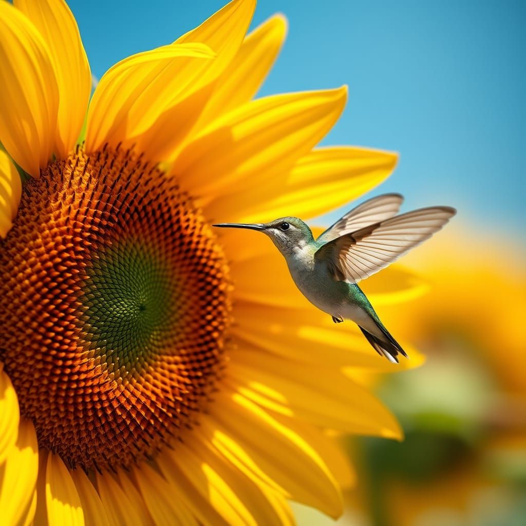 Hummingbird and Giant Sunflower: A Surreal Encounter