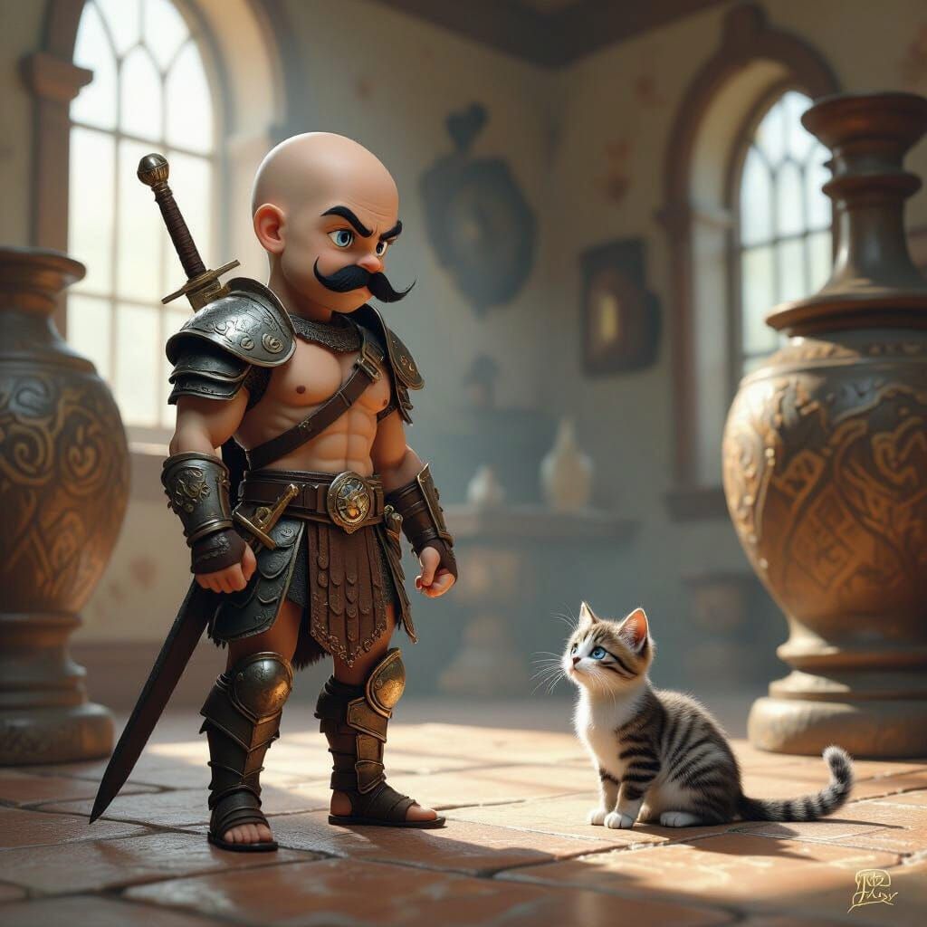 Miniature Warrior Confronts Cat in Ancient House