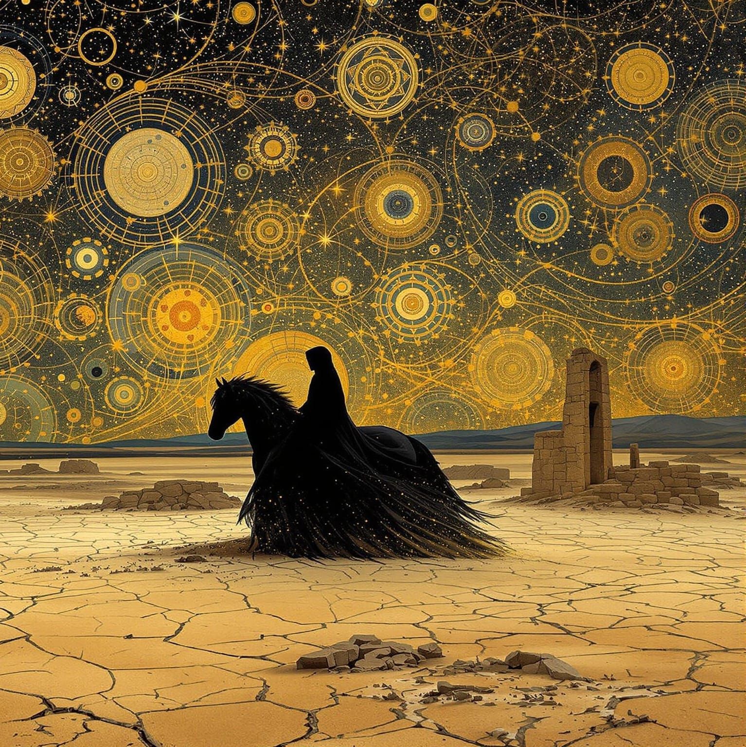 Spectral Rider in Desert, Klimt-Inspired Masterpiece