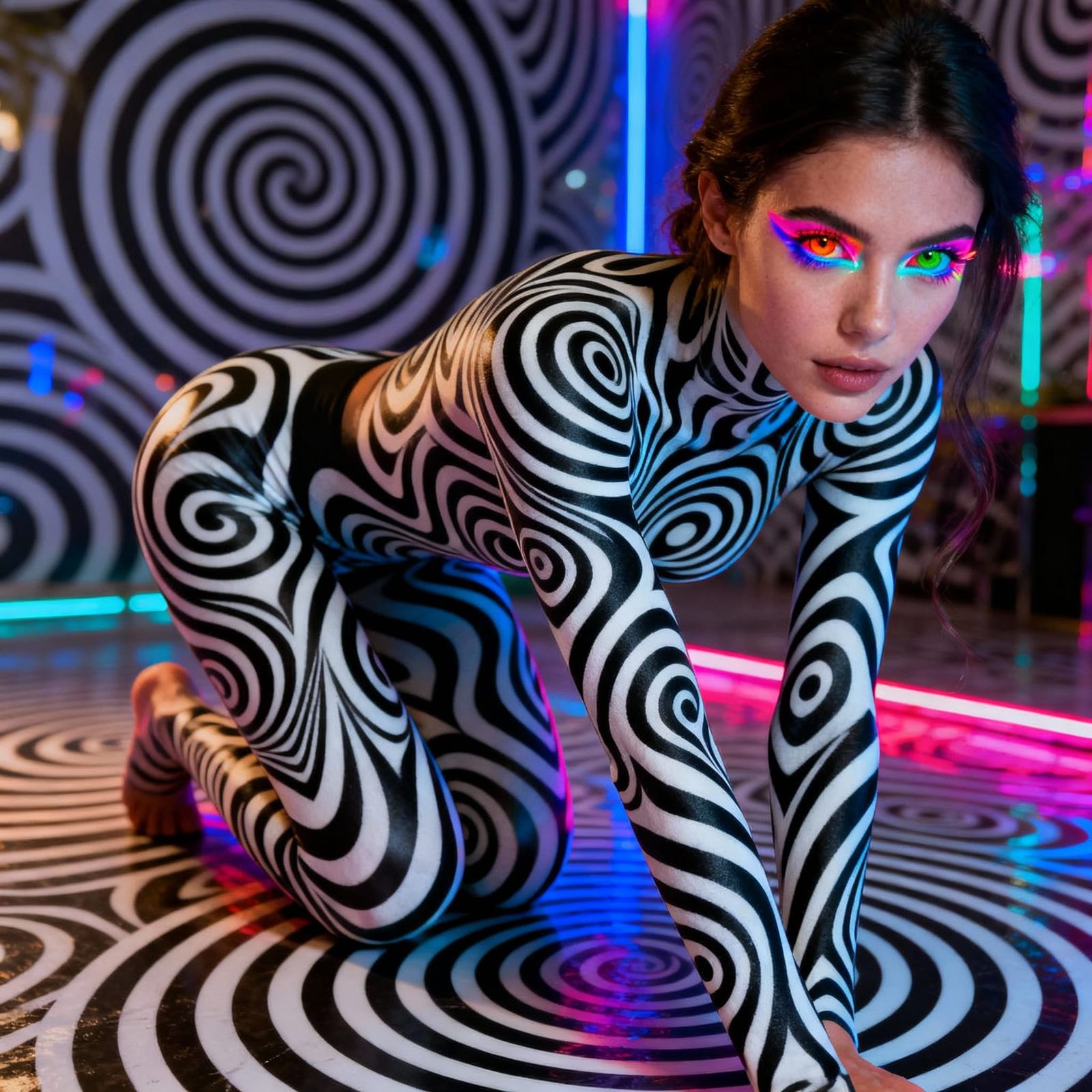Photorealistic Woman with Neon Eyes and Optical Illusions