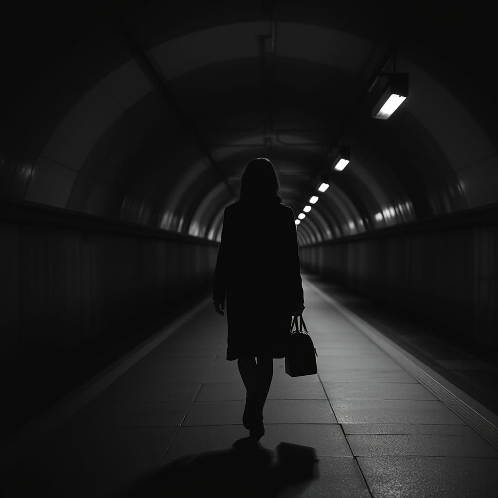 Lonely Woman in Metro Tunnel, Noir Cinematic Style
