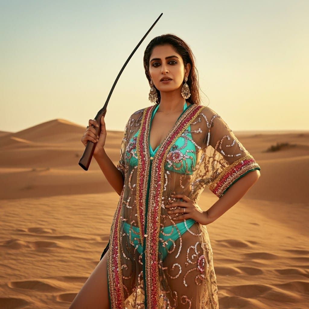 Woman in Desert with Hunting Gear, Digital Art