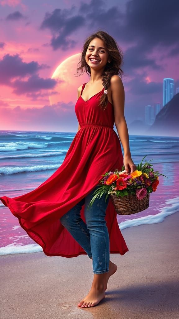 Cyberpunk Beach Scene with Woman in Red Dress