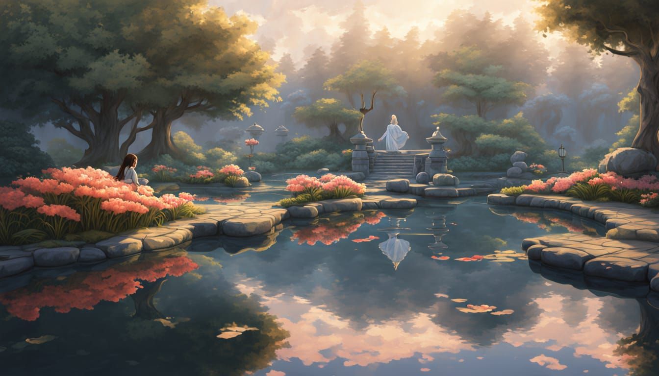 Fairy Contemplates Reflection in Koi Pond in Fantasy Style