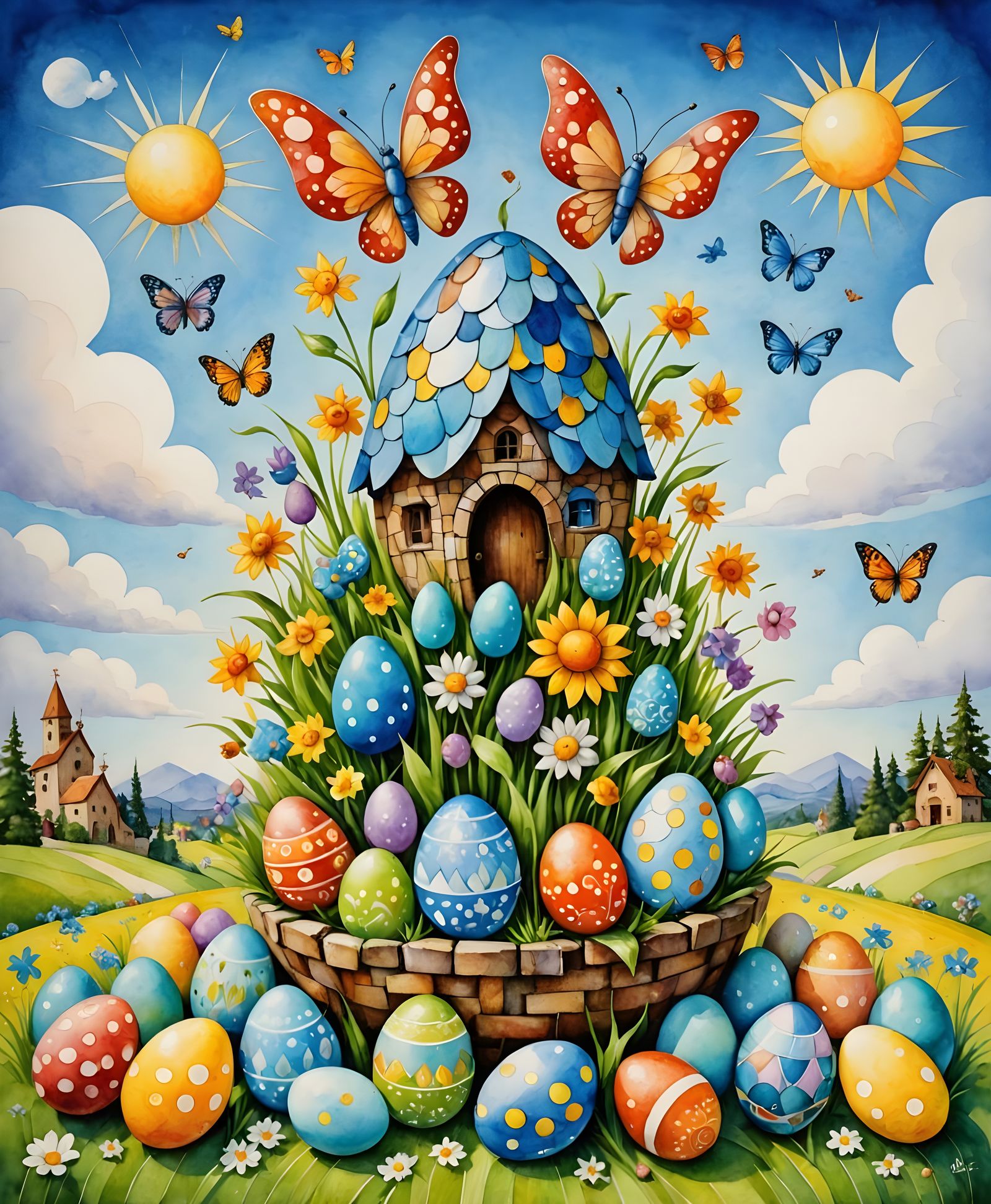 Cubist Easter Celebration in Vibrant Watercolor