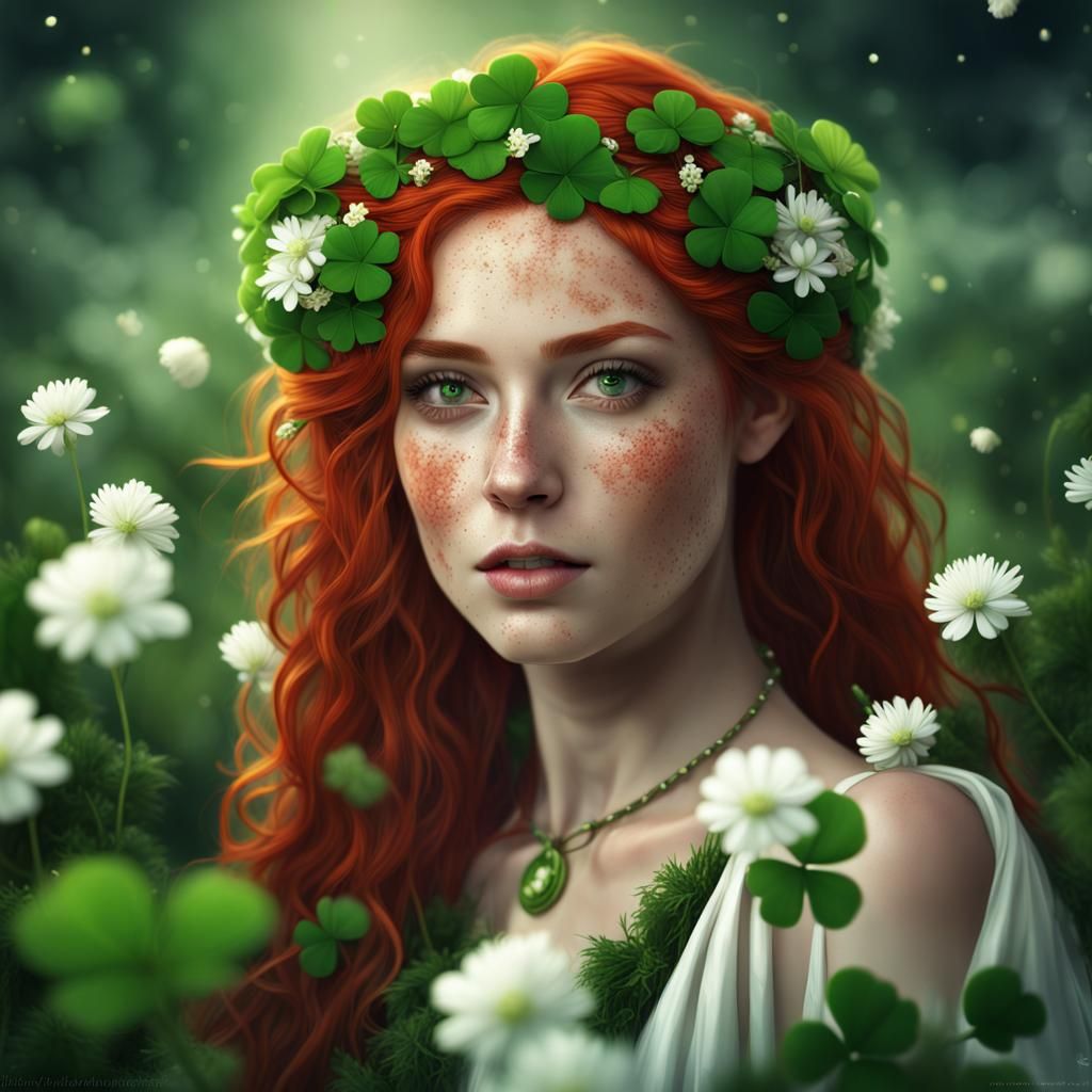 Beautiful Irish Woman with Clovers: Fantasy Concept Art