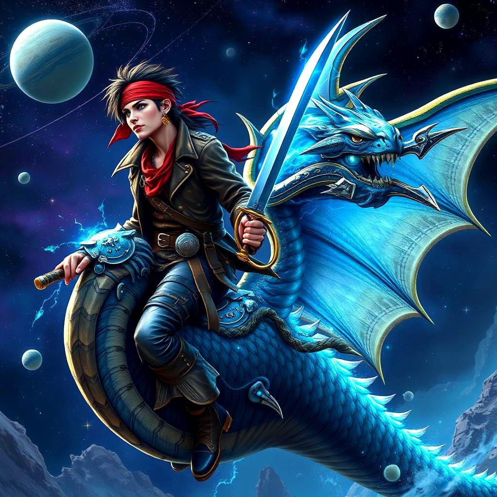 Space Pirate on Interstellar Dragon in Fantasy Art
