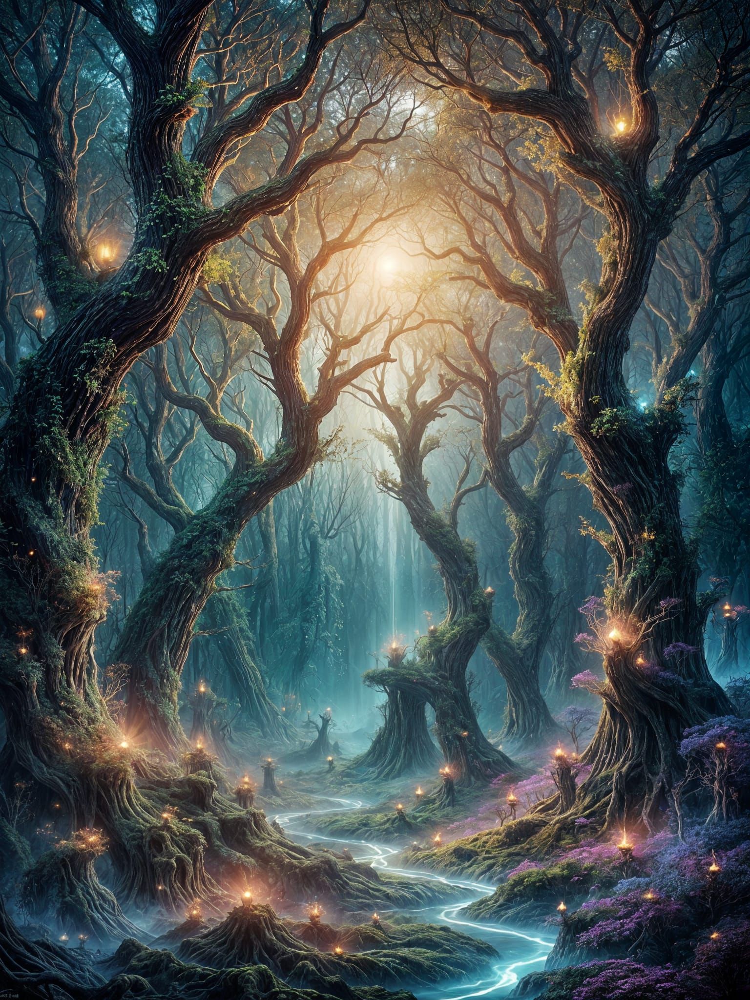 Bioluminescent Fractal Forest Under Nebula, Visionary Art