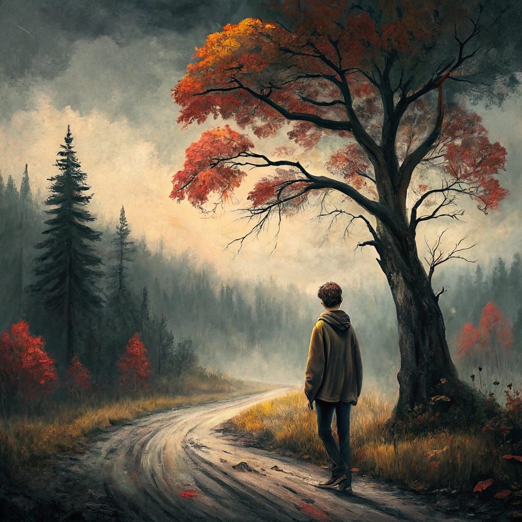 Ethereal Forest Scene in Dark Charcoal with Vibrant Touches