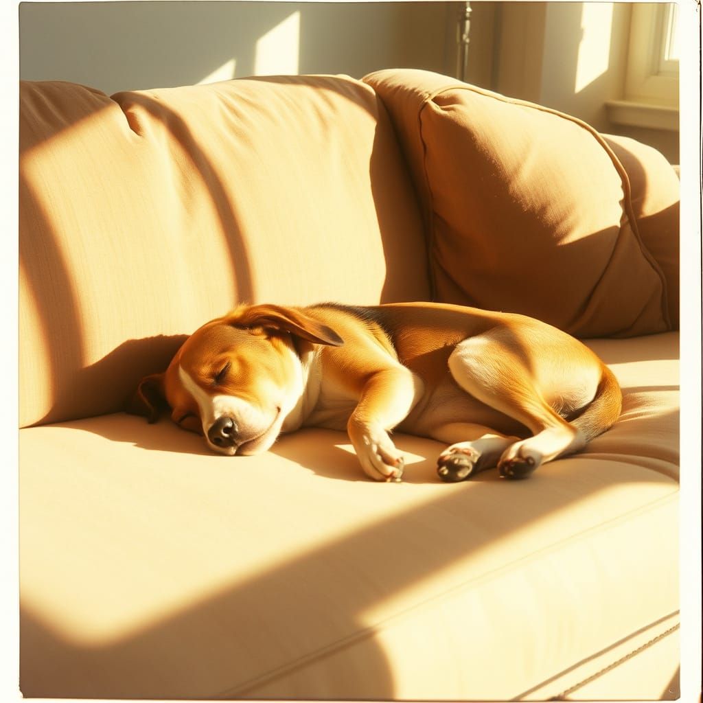 Cozy Polaroid of Dog Sleeping in Sunshine